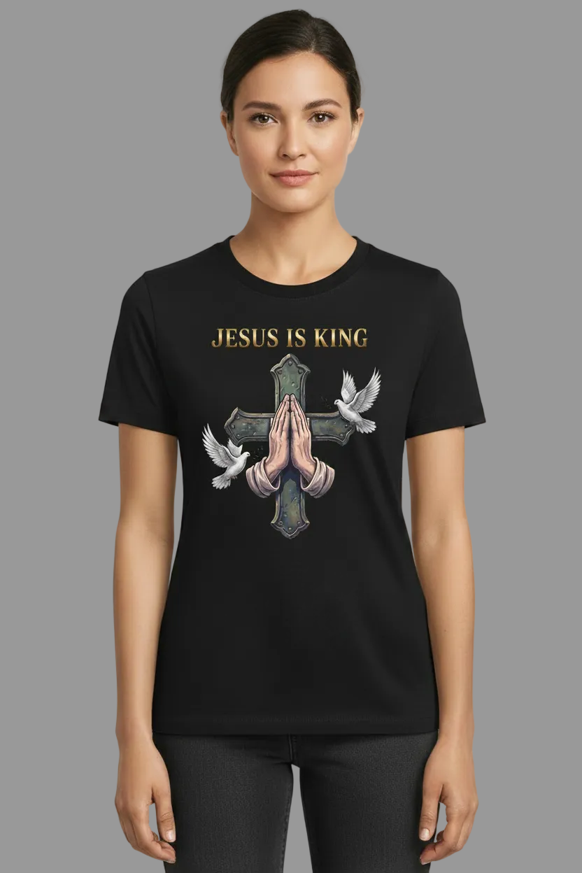 Jesus Is King Gildan 64000 Black Tee Female Model